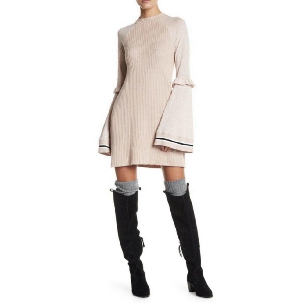 NWT Free People Zou Bisou Bell Sleeve Knit Sweater Dress in Neutral Combo -Small